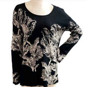 J Jill Black & Tan Graphic Floral Cotton Oversize Tunic Sweater Missy M #73i